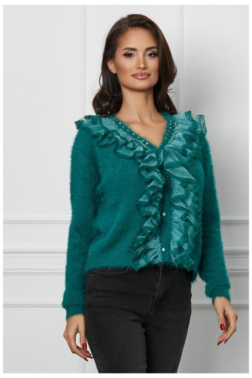 Black Friday 2022 Bluza Mirela verde cu strasuri si volanase