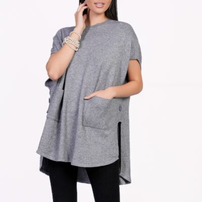 Black Friday Bluza Mona tip poncho gri din tricot cu buzunare