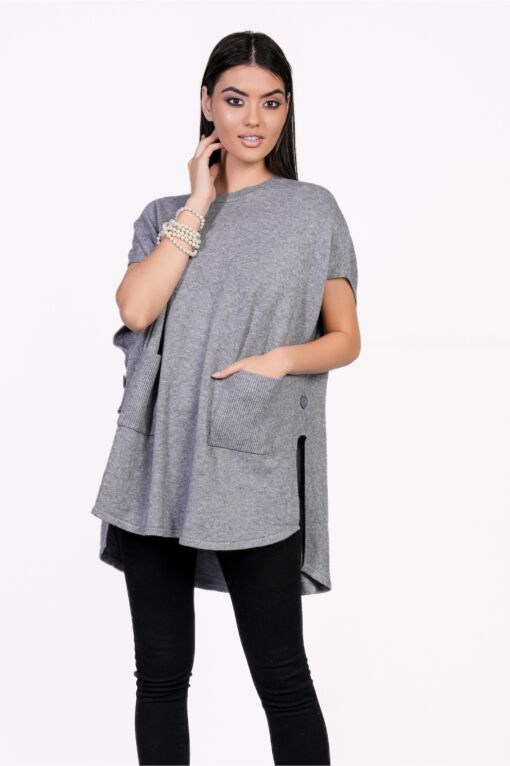Black Friday Bluza Mona tip poncho gri din tricot cu buzunare