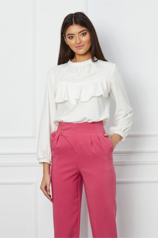 Black Friday 2022 Bluza Moze alba cu volan pe bust