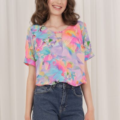 Black Friday Bluza Sara lila cu imprimeuri multicolore si decupaj la bust