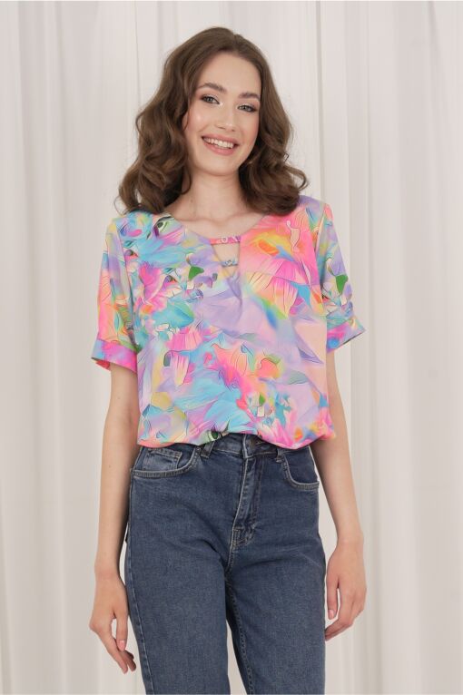 Black Friday Bluza Sara lila cu imprimeuri multicolore si decupaj la bust