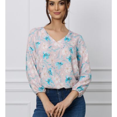 Black Friday 2022 Bluza Simona roz cu flori turcoaz