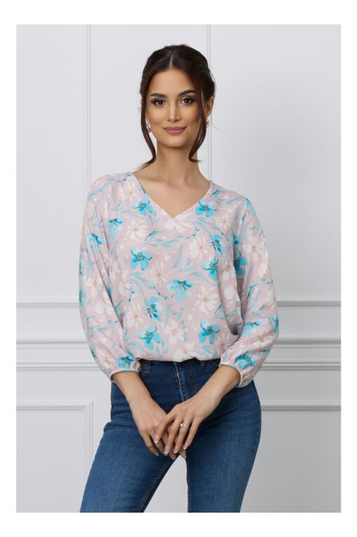 Black Friday 2022 Bluza Simona roz cu flori turcoaz