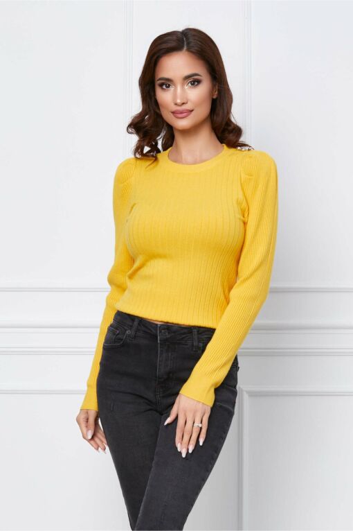 Black Friday 2022 Bluza Teodora galbena din tricot reiat cu nasturi pe umeri