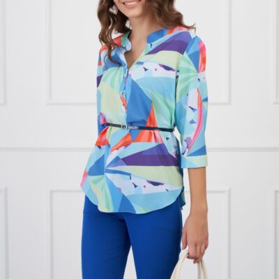 Black Friday 2022 Bluza Vanessa bleu cu imprimeu verde si curea in talie