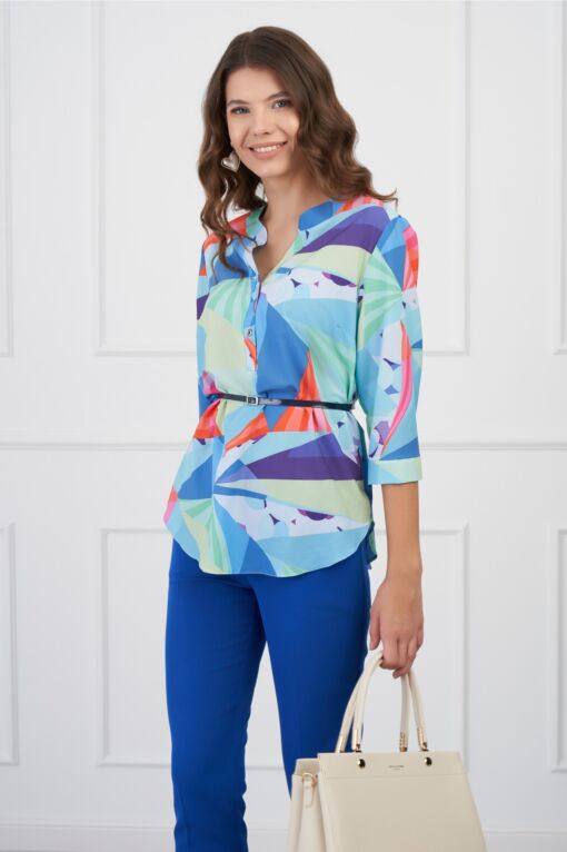 Black Friday 2022 Bluza Vanessa bleu cu imprimeu verde si curea in talie