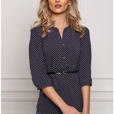 Black Friday 2022 Bluza Vanessa bleumarin cu buline albe si nasturi la decolteu