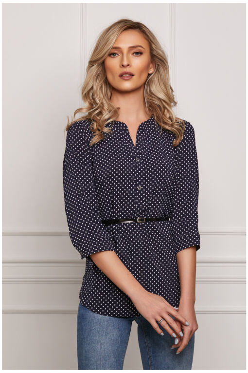 Black Friday 2022 Bluza Vanessa bleumarin cu buline albe si nasturi la decolteu