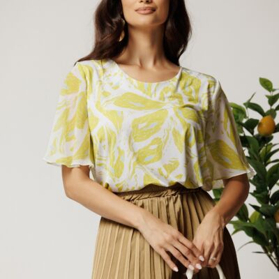 Black Friday Bluza alba cu imprimeuri verde lime din lycra si maneci din voal