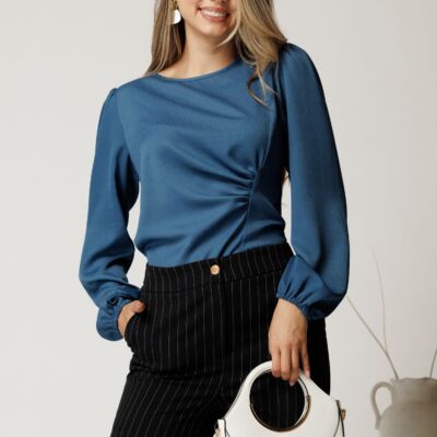 Black Friday Bluza albastru petrol din crep cu fronseu in talie