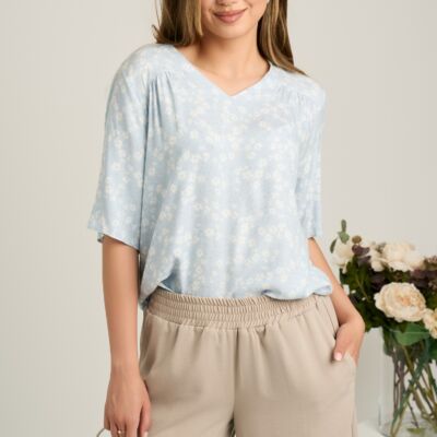 Black Friday Bluza bleu din viscoza lejera cu imprimeuri florale albe