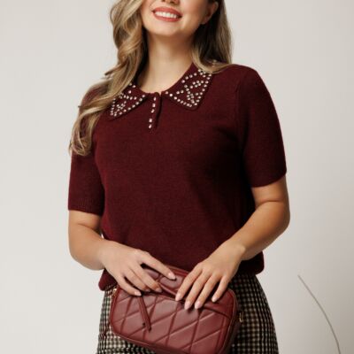 Black Friday Bluza bordo din tricot cu maneci scurte si strasuri pe guler