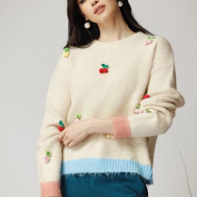 Black Friday Bluza casual din tricot bej cu cirese crosetate