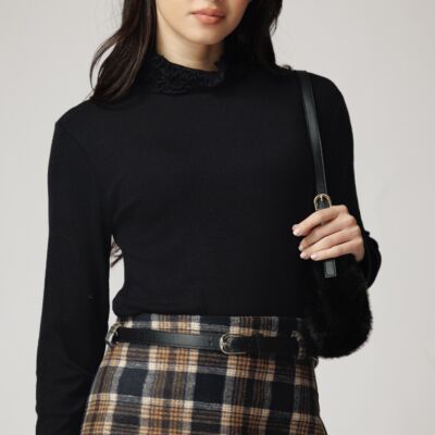 Black Friday Bluza casual din viscoza neagra cu guler incretit