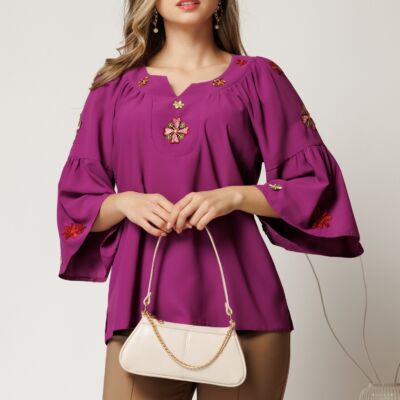 Black Friday Bluza eleganta din viscoza magenta cu broderie traditionala