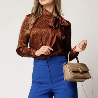 Black Friday Bluza eleganta maro cu imprimeuri caramizii din satin