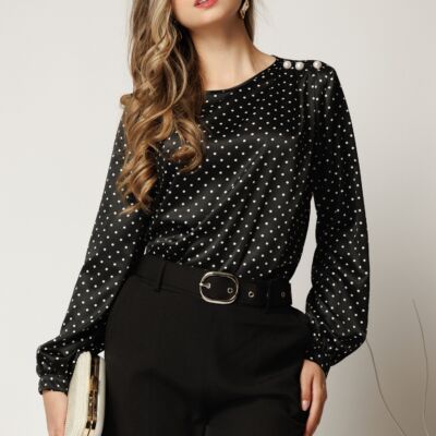 Black Friday Bluza neagra cu buline eleganta din voal satinat cu perle pe umar