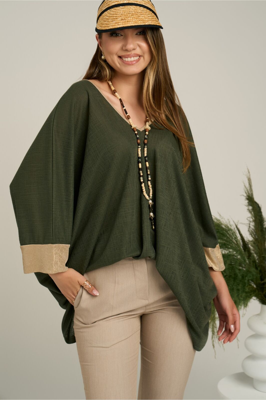 Black Friday Bluza oversize kaki cu mansete aurii