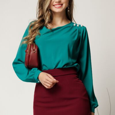 Black Friday Bluza verde eleganta din voal cu perle pe umar
