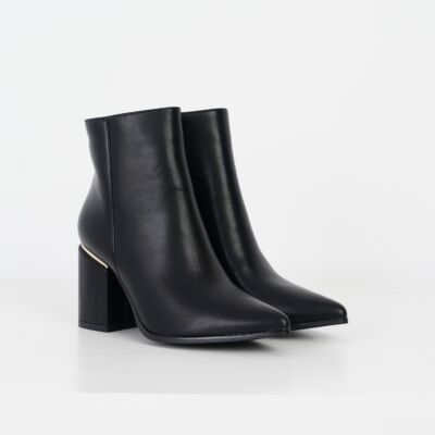 Black Friday Botine din piele ecologica negre cu varf ascurit si toc gros