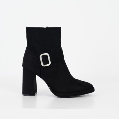 Black Friday Botine elegante din piele intoarsa ecologica negre cu catarama