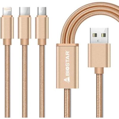 Black Friday 2022 Cablu de date Biostar USB 2.0 - micro-USB / USB Type-C / Lightning (Auriu)