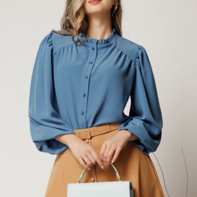 Black Friday Camasa DY Fashion albastra din voal plin cu guler incretit