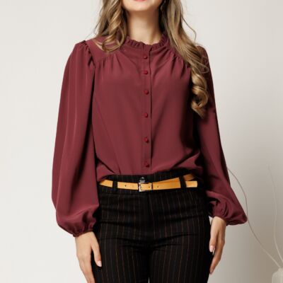 Black Friday Camasa DY Fashion burgundy din voal plin cu guler incretit