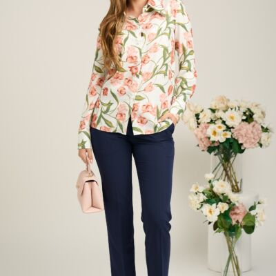 Black Friday Camasa DY Fashion din viscoza alba cu imprimeu floral roz