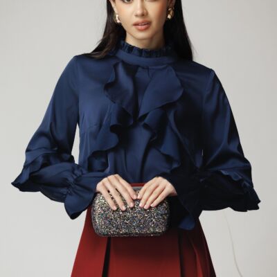 Black Friday Camasa DY Fashion eleganta din satin bleumarin cu volane