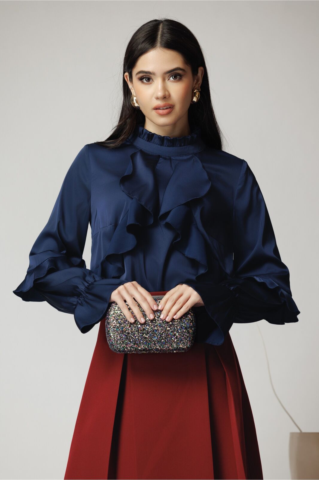 Black Friday Camasa DY Fashion eleganta din satin bleumarin cu volane