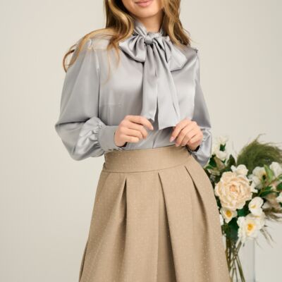 Black Friday Camasa DY Fashion eleganta din satin gri cu guler tip esarfa