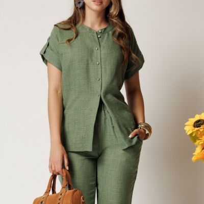 Black Friday Camasa DY Fashion kaki din material vaporos cu croi drept si nasturi