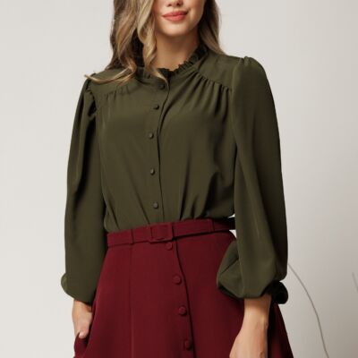 Black Friday Camasa DY Fashion kaki din voal plin cu guler incretit