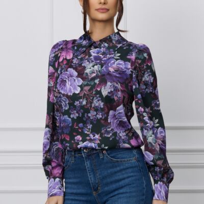 Black Friday Camasa Dy Fashion neagra cu imprimeu floral mov din voal satinat