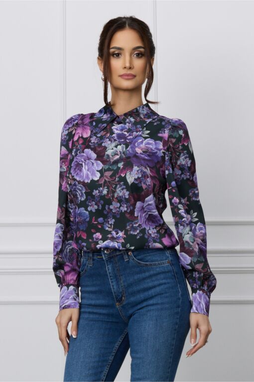 Black Friday Camasa Dy Fashion neagra cu imprimeu floral mov din voal satinat