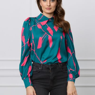 Black Friday Camasa Dy Fashion verde cu imprimeu fucsia din voal satinat