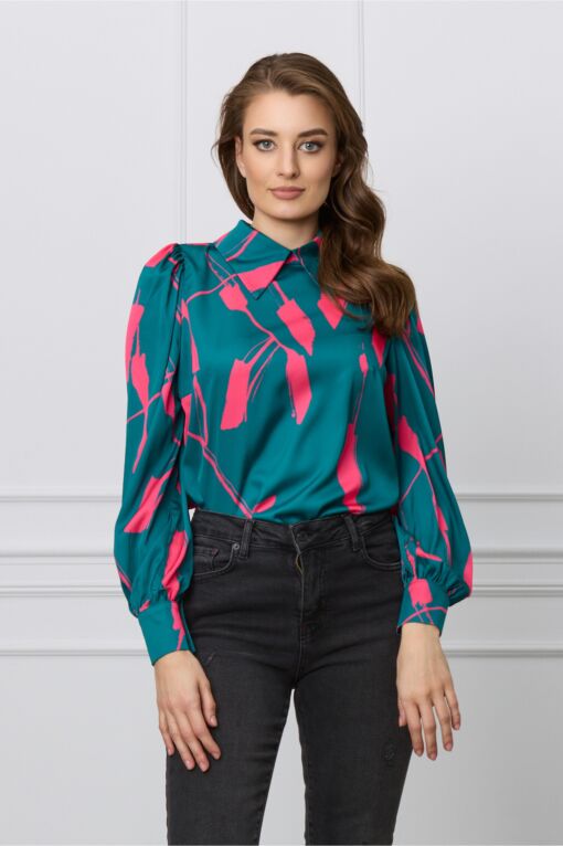 Black Friday Camasa Dy Fashion verde cu imprimeu fucsia din voal satinat