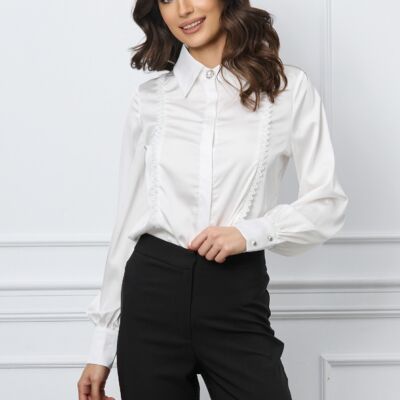 Black Friday Camasa MBG alba din satin cu broderie si nasture perlat