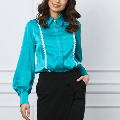 Black Friday 2022 Camasa MBG turcoaz din satin cu broderie si nasture perlat