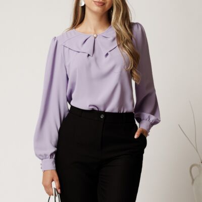 Black Friday Camasa lila din voal cu guler tip funda si perla