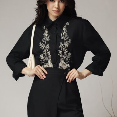 Black Friday Camasa office din bumbac neagra cu broderie