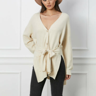 Black Friday 2022 Cardigan Andreea ivory cu buzunare si cordon in talie