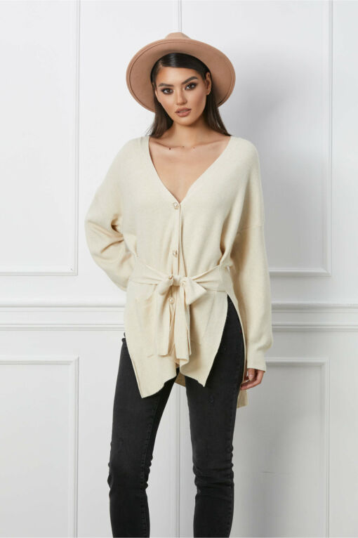 Black Friday 2022 Cardigan Andreea ivory cu buzunare si cordon in talie