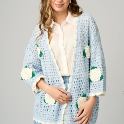 Black Friday Cardigan casual din tricot bleu cu flori albe 3D