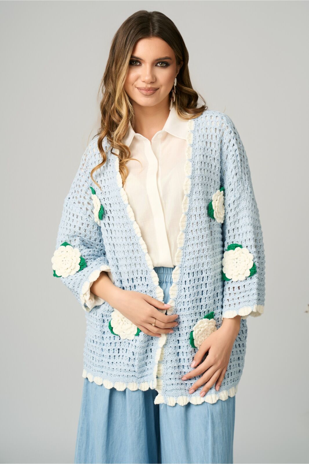 Black Friday Cardigan casual din tricot bleu cu flori albe 3D