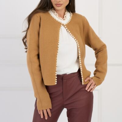 Black Friday Cardigan scurt din tricot bej accesorizat cu perle