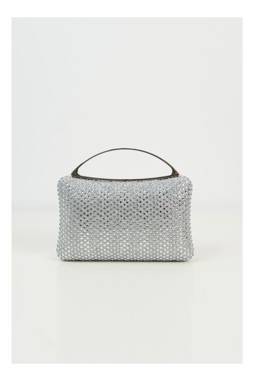 Black Friday 2022 Clutch argintiu cu strasuri si maner metalic