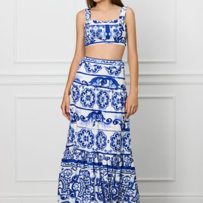 Black Friday Compleu Mara cu fusta si top scurt cu imprimeu albastru